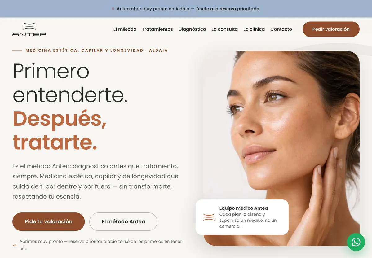Web de Antea, medicina estética y longevidad, en escritorio
