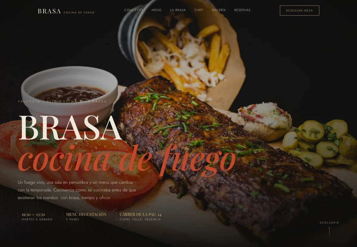 Web de BRASA, restaurante, en escritorio