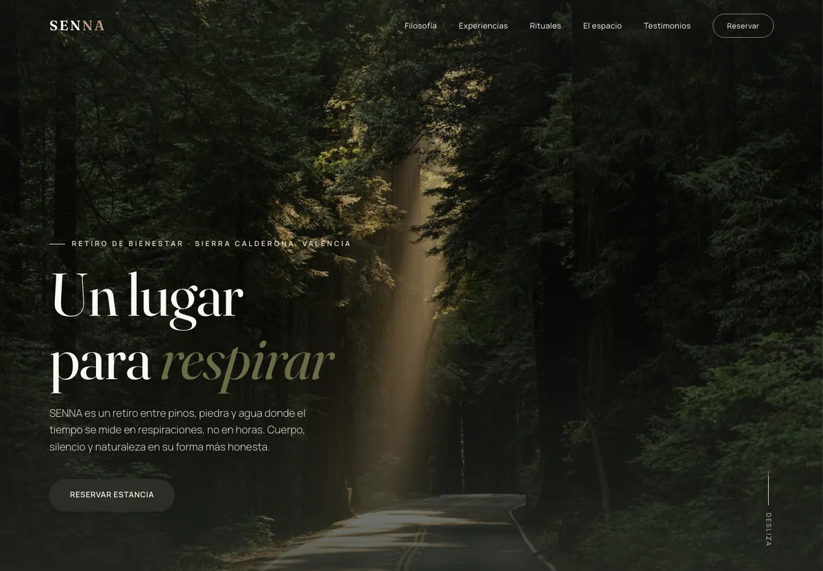 Web de SENNA, retiro de bienestar, en escritorio
